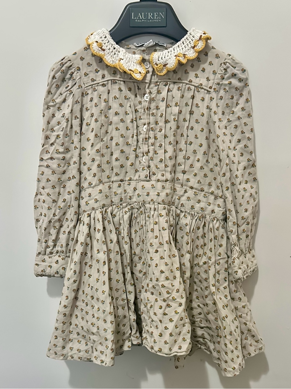 Emile et Ida Cream Floral Dress with Gold-Trim Crochet Collar